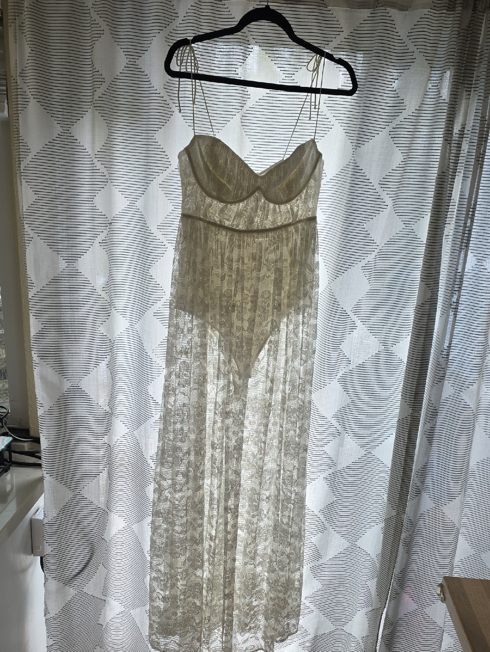 For Love & Lemons Ivory Lorena Sheer Lace Maxi Slip Dress with dainty Tie Straps